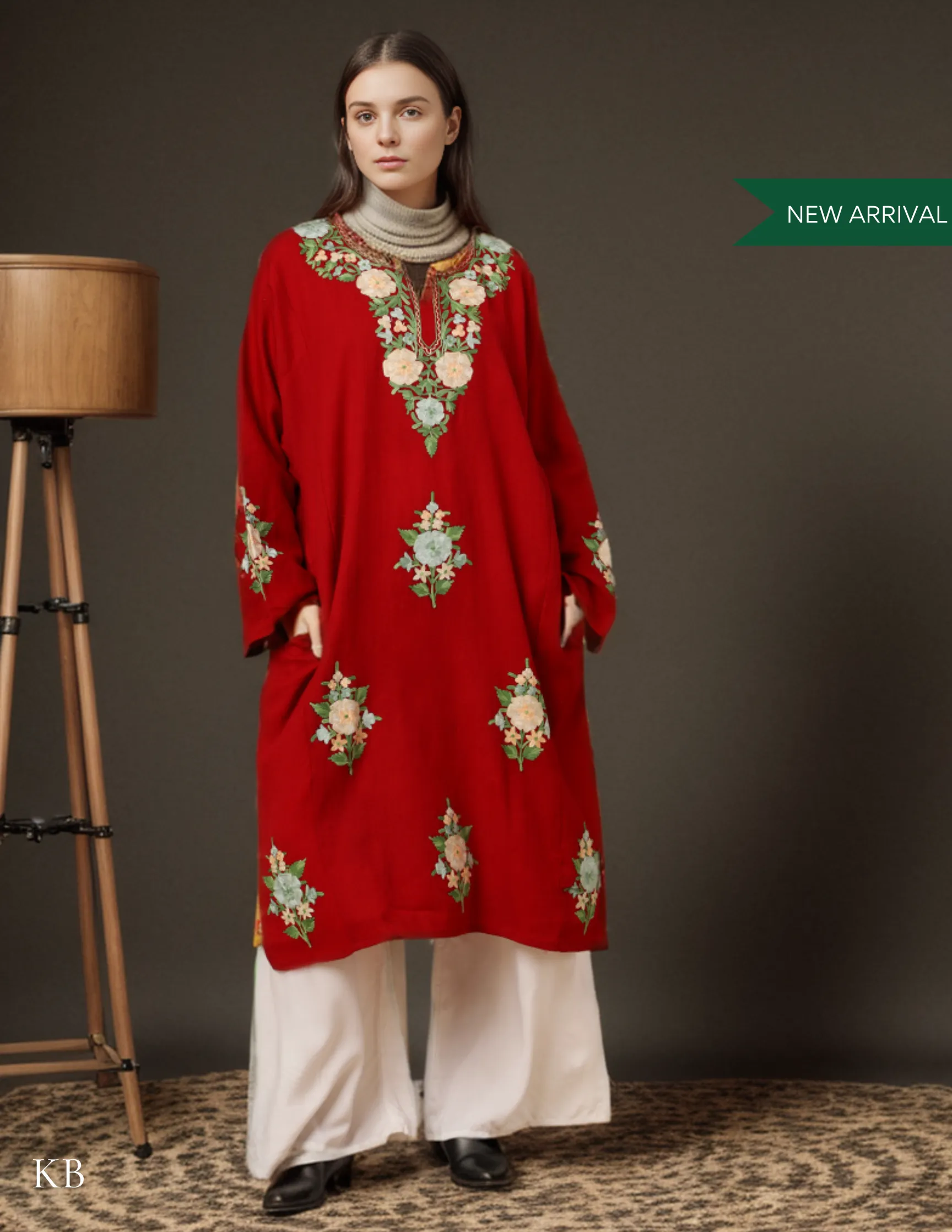 Crimson Pure Wool Aari Embroidered Phiran