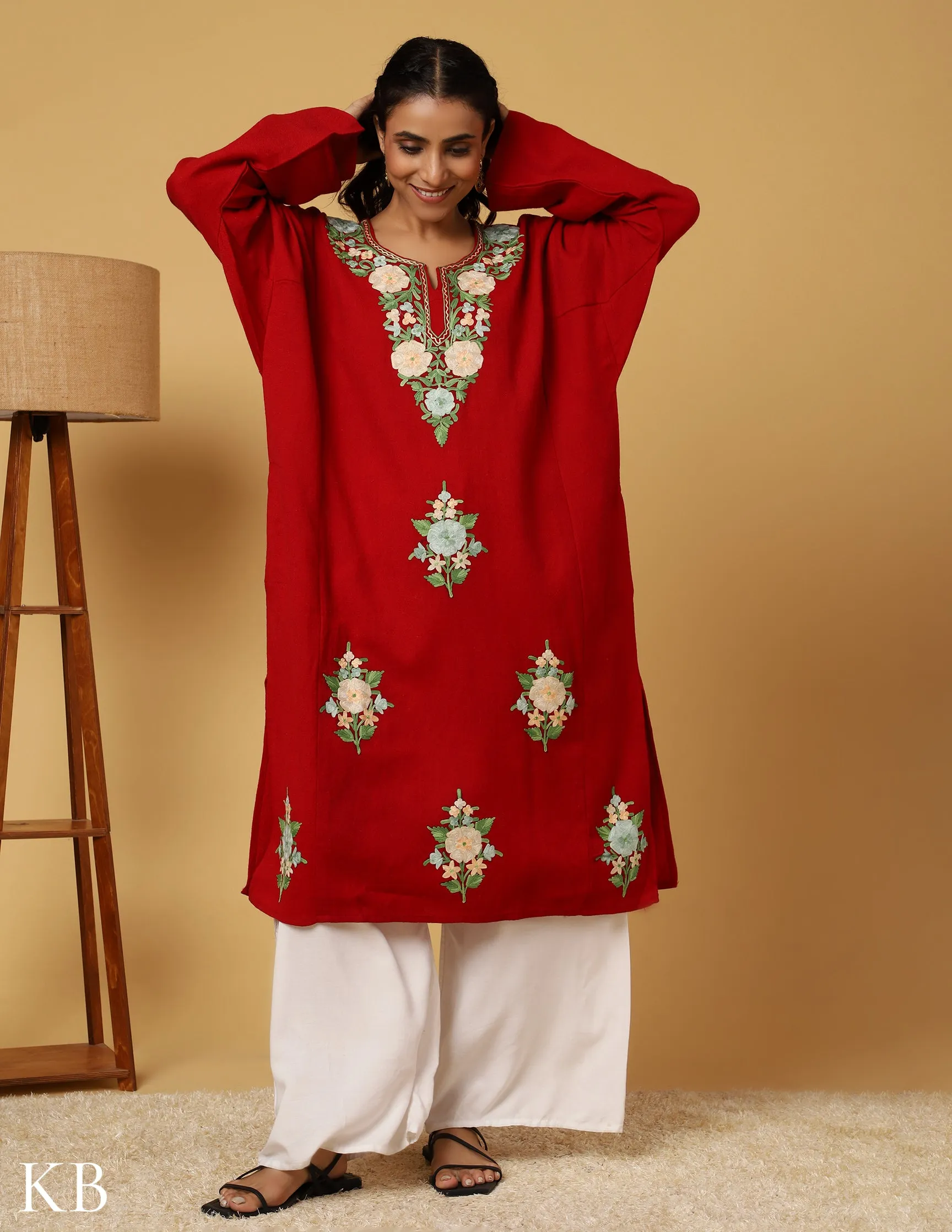 Crimson Pure Wool Aari Embroidered Phiran