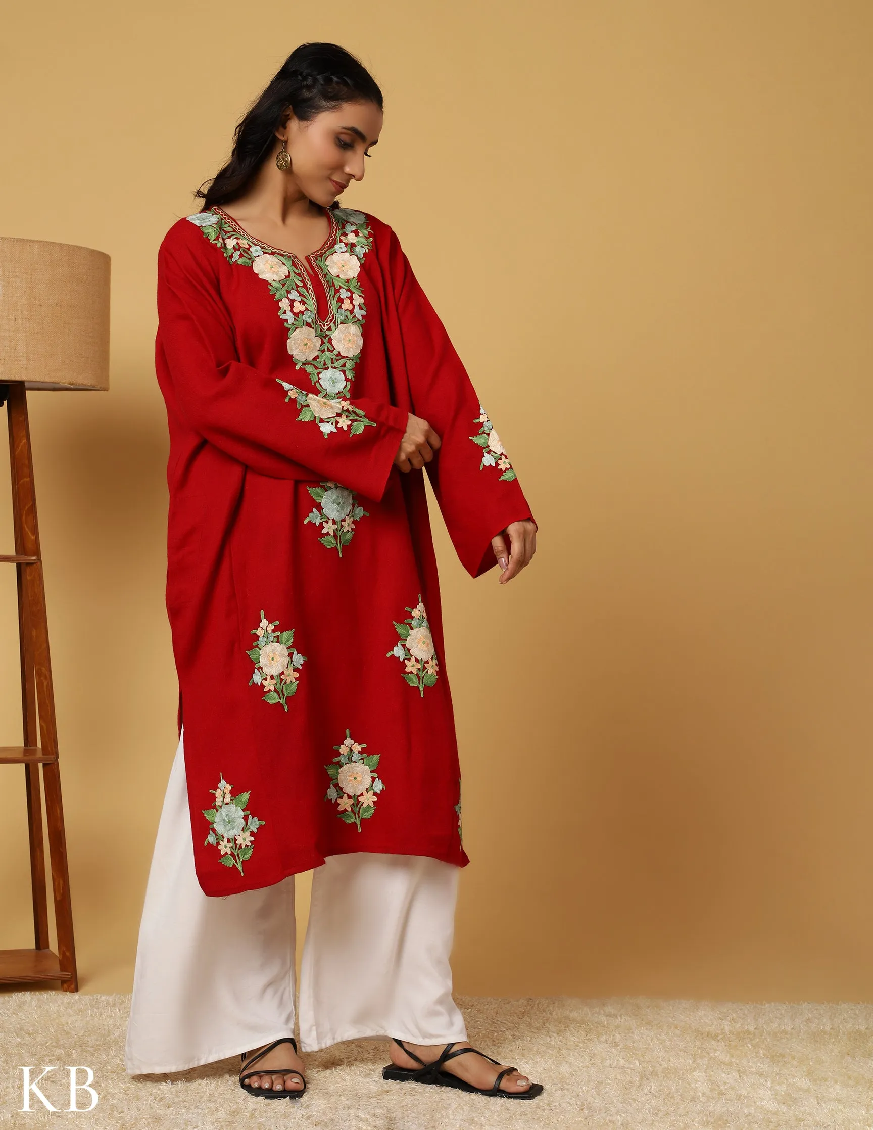 Crimson Pure Wool Aari Embroidered Phiran