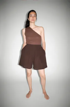 CRISTASEYA<br>RIBBED SILK ASYMMETRICAL TOP<br>in BROWN