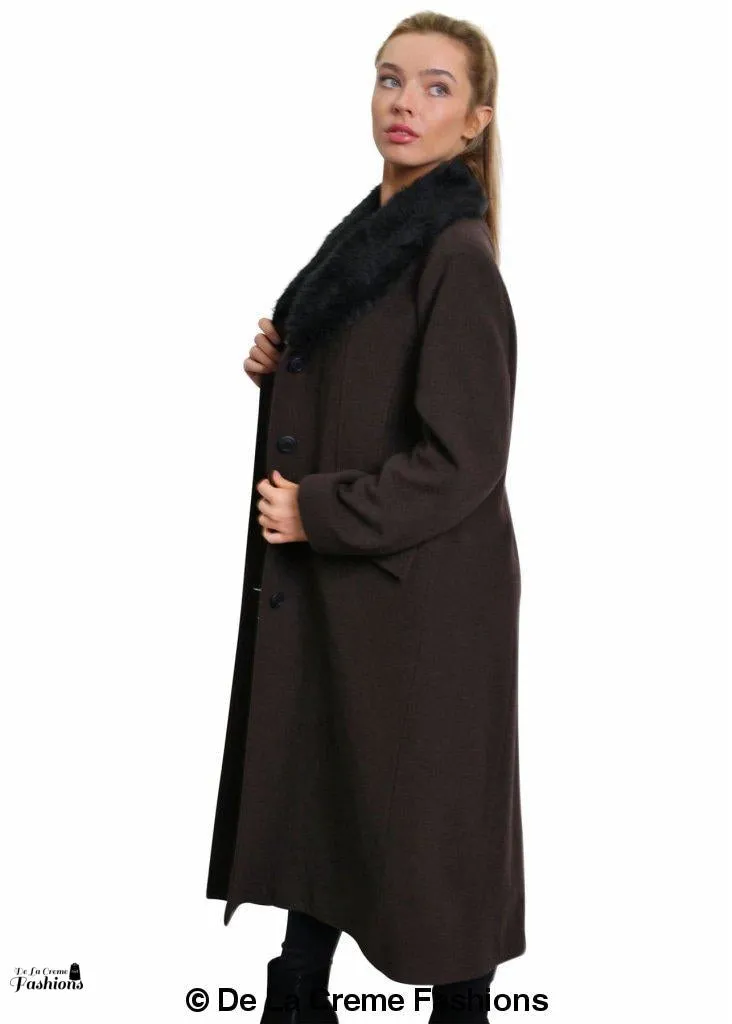 De La Creme Womens Oversized Faux Fur Collar Long Coat