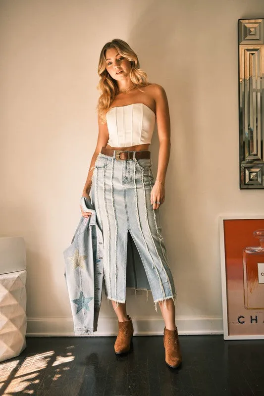 Downtown Denim Distressed Midi/Maxi Skirt