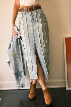 Downtown Denim Distressed Midi/Maxi Skirt