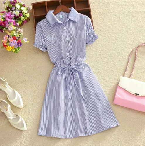 Elegant Office Summer Dress Shirt Elegant Blue Stripped Cotton Turn Down Collar Wear to Work Shirts Women Dresses #26