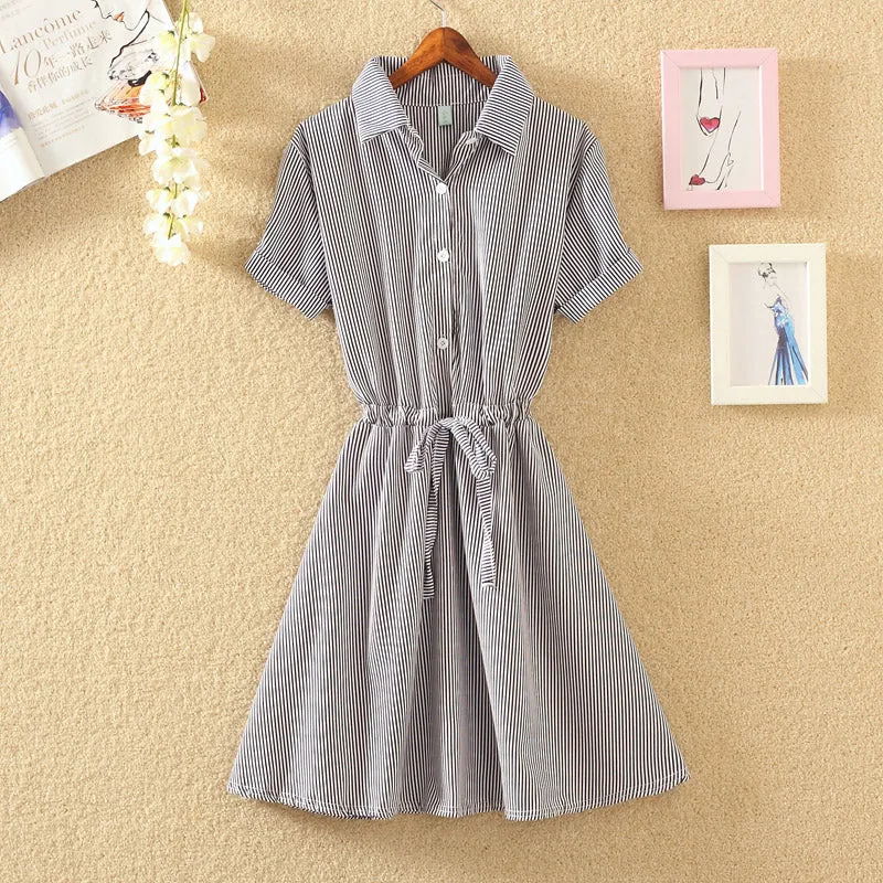 Elegant Office Summer Dress Shirt Elegant Blue Stripped Cotton Turn Down Collar Wear to Work Shirts Women Dresses #26