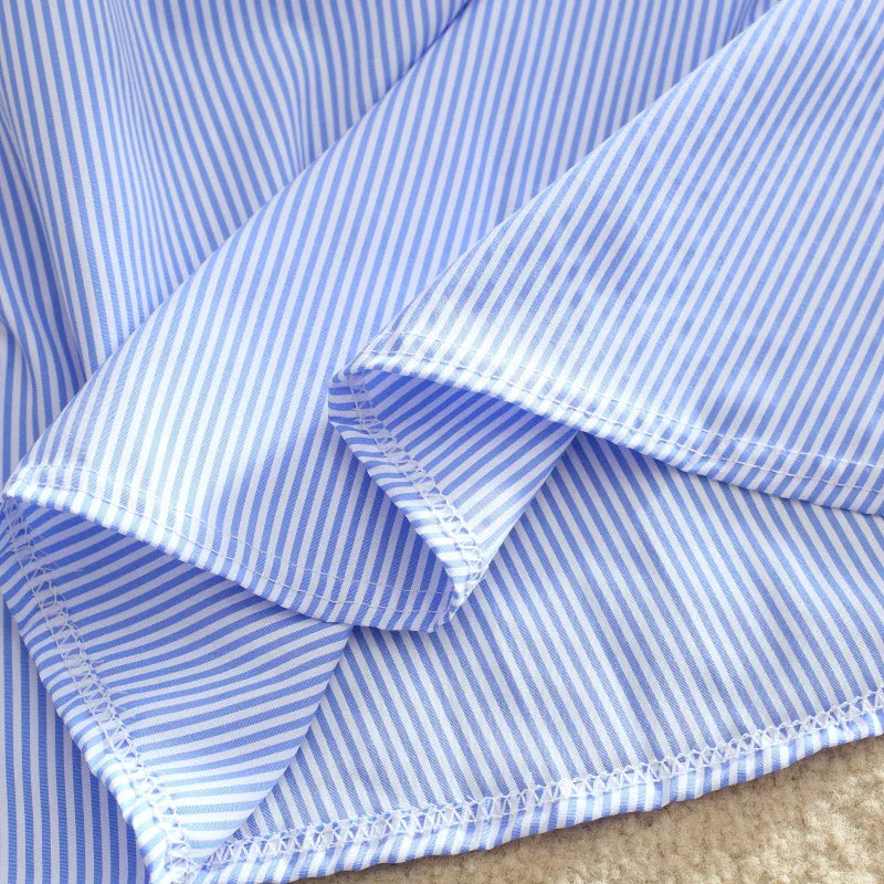 Elegant Office Summer Dress Shirt Elegant Blue Stripped Cotton Turn Down Collar Wear to Work Shirts Women Dresses #26