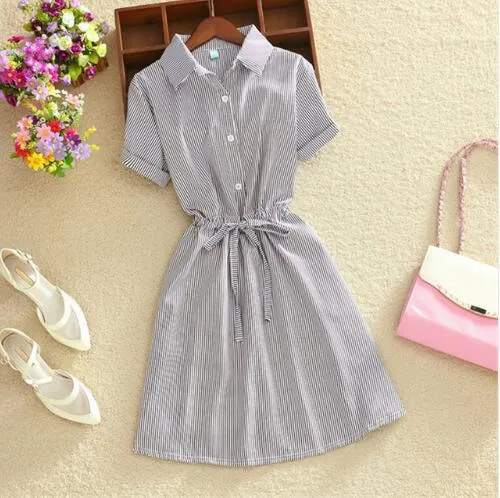 Elegant Office Summer Dress Shirt Elegant Blue Stripped Cotton Turn Down Collar Wear to Work Shirts Women Dresses #26