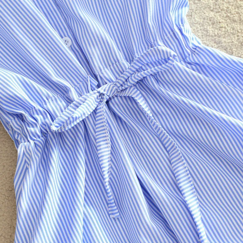 Elegant Office Summer Dress Shirt Elegant Blue Stripped Cotton Turn Down Collar Wear to Work Shirts Women Dresses #26