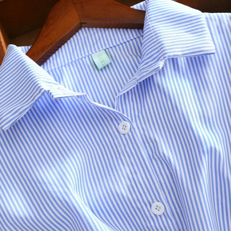 Elegant Office Summer Dress Shirt Elegant Blue Stripped Cotton Turn Down Collar Wear to Work Shirts Women Dresses #26