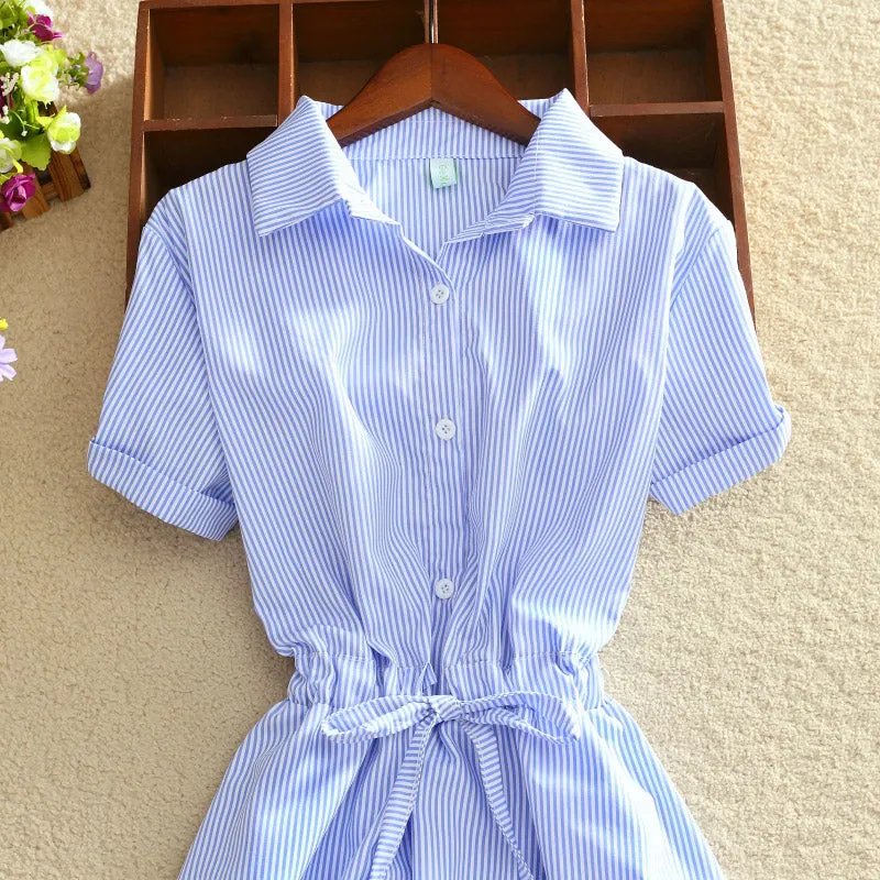 Elegant Office Summer Dress Shirt Elegant Blue Stripped Cotton Turn Down Collar Wear to Work Shirts Women Dresses #26