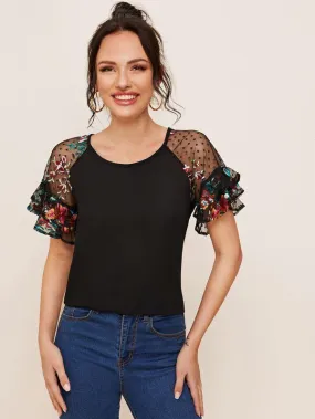 Embroidered Detail Dobby Mesh Layered Sleeve Top