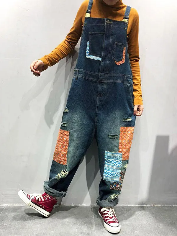 Estela Patchwork Prints Ripped Overall Dungarees