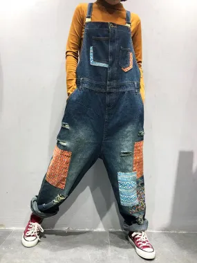 Estela Patchwork Prints Ripped Overall Dungarees