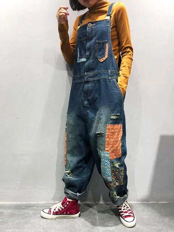 Estela Patchwork Prints Ripped Overall Dungarees