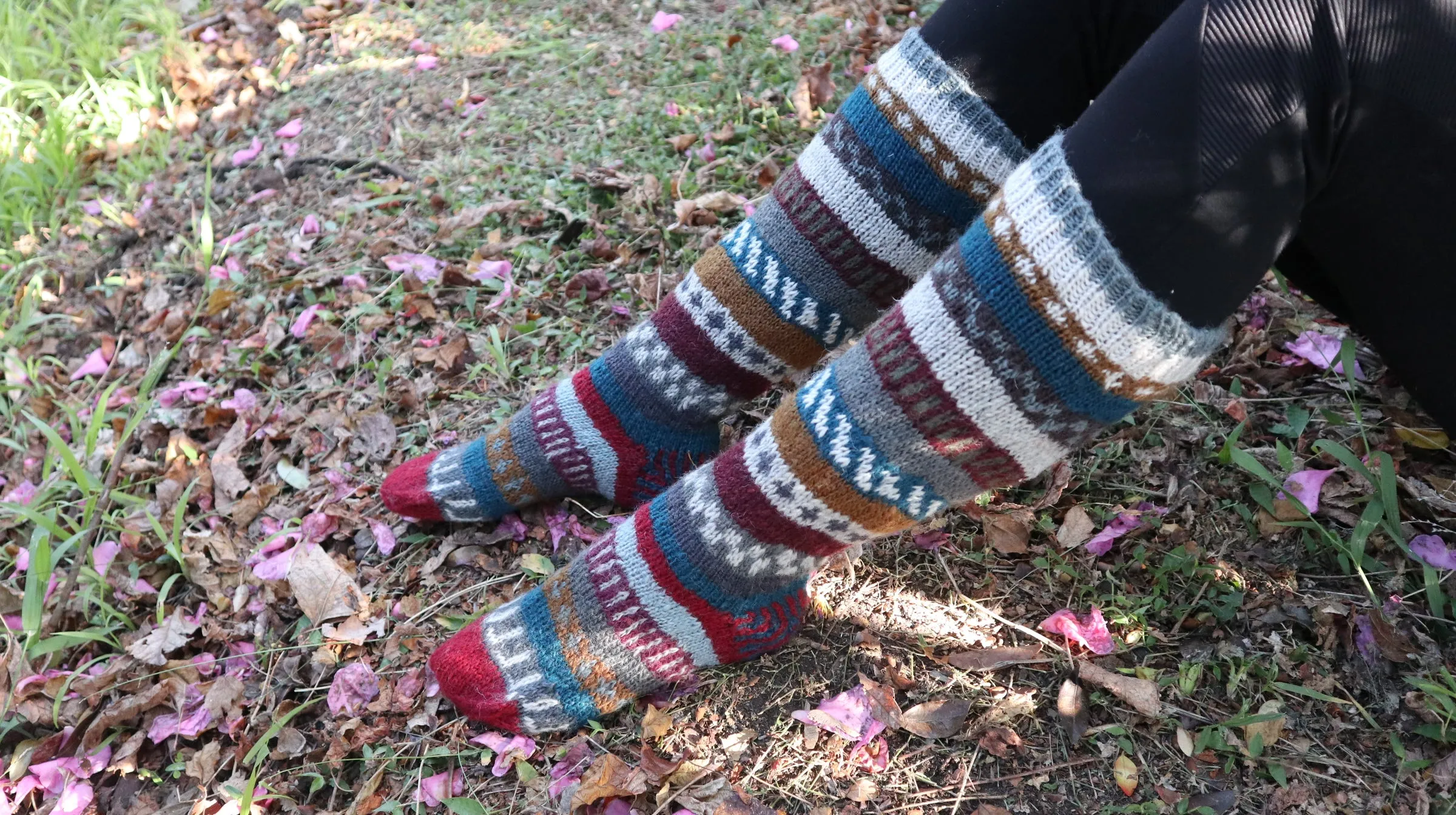 Fair Trade Ethical Long Patterned Socks in Grey Brown Blue