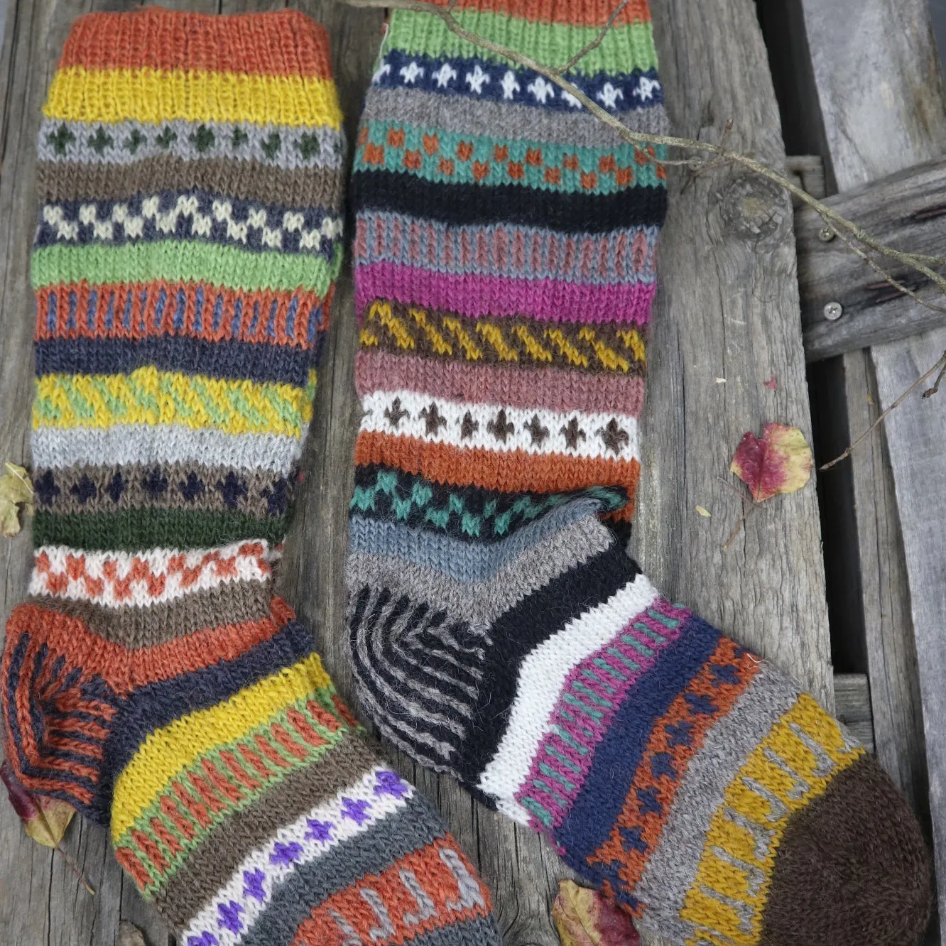 Fair Trade Ethical Long Patterned Socks in Grey Brown Blue