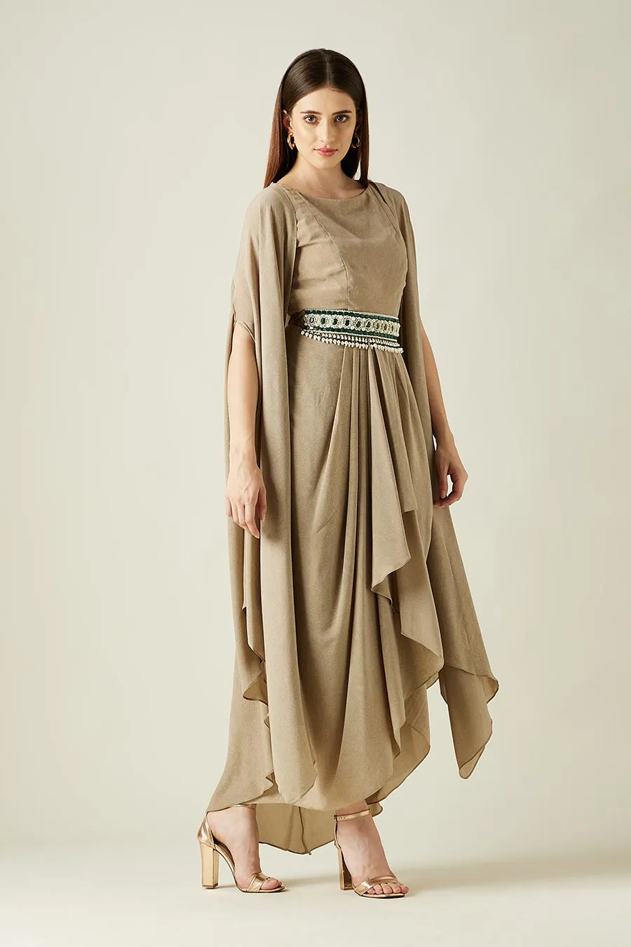 Fawn Drape Dress & Cape Set With Belt