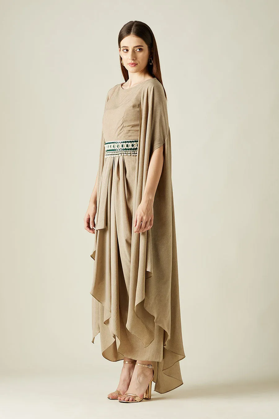 Fawn Drape Dress & Cape Set With Belt