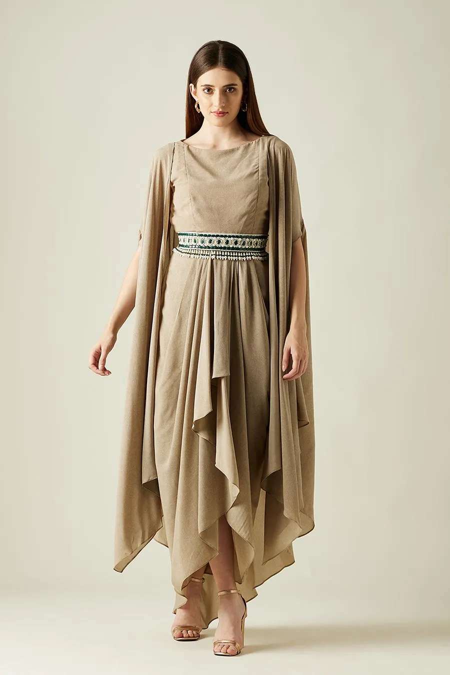 Fawn Drape Dress & Cape Set With Belt