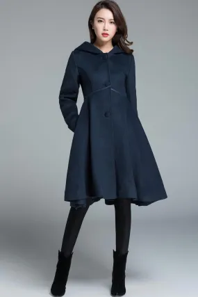 fit and flare dress coat for winter, blue wool coat 1648#