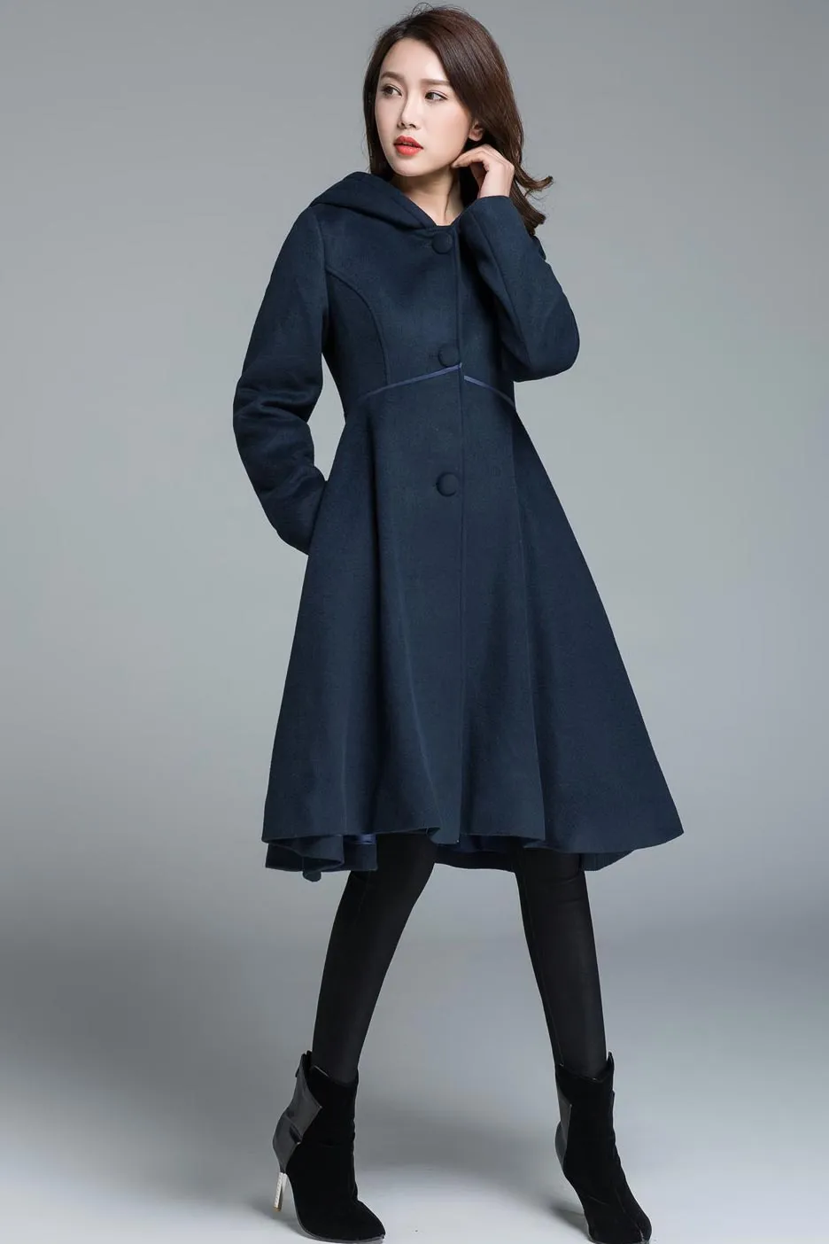 fit and flare dress coat for winter, blue wool coat 1648#