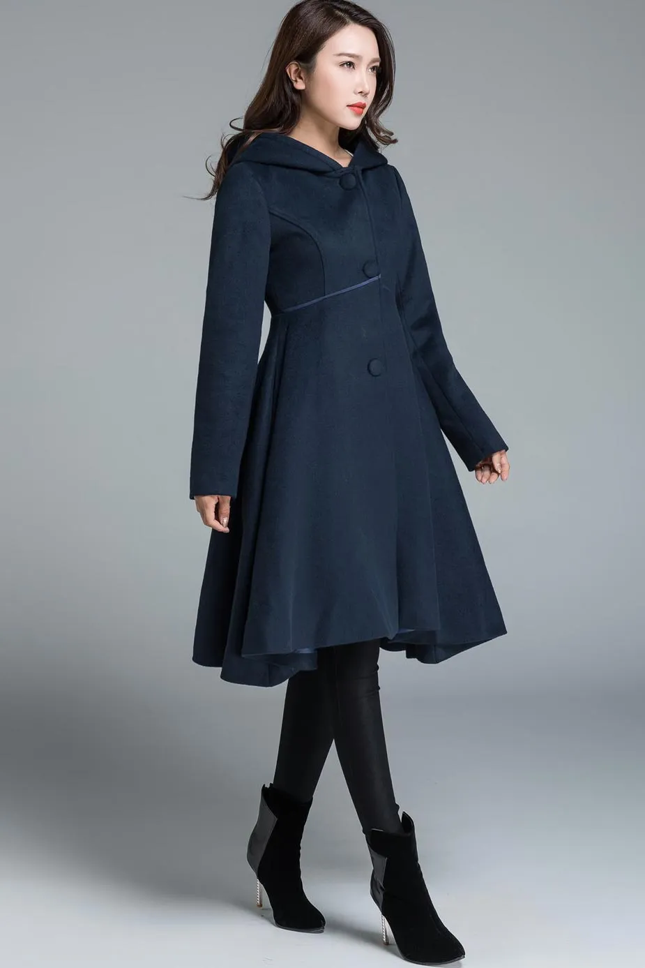 fit and flare dress coat for winter, blue wool coat 1648#