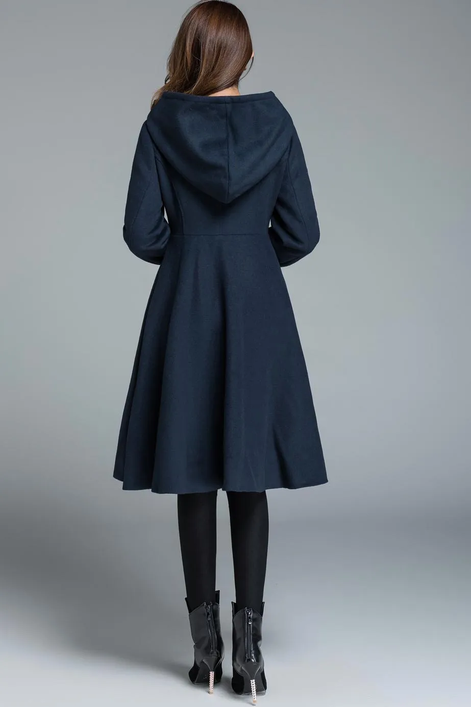 fit and flare dress coat for winter, blue wool coat 1648#