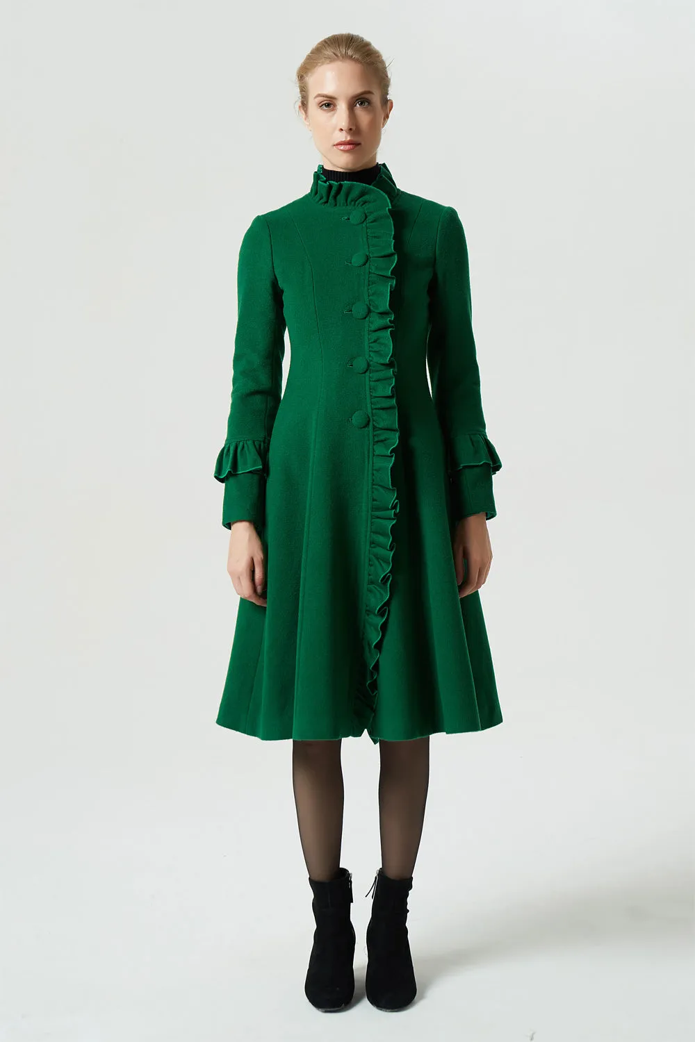 green midi wool coat with ruffle details 1950#