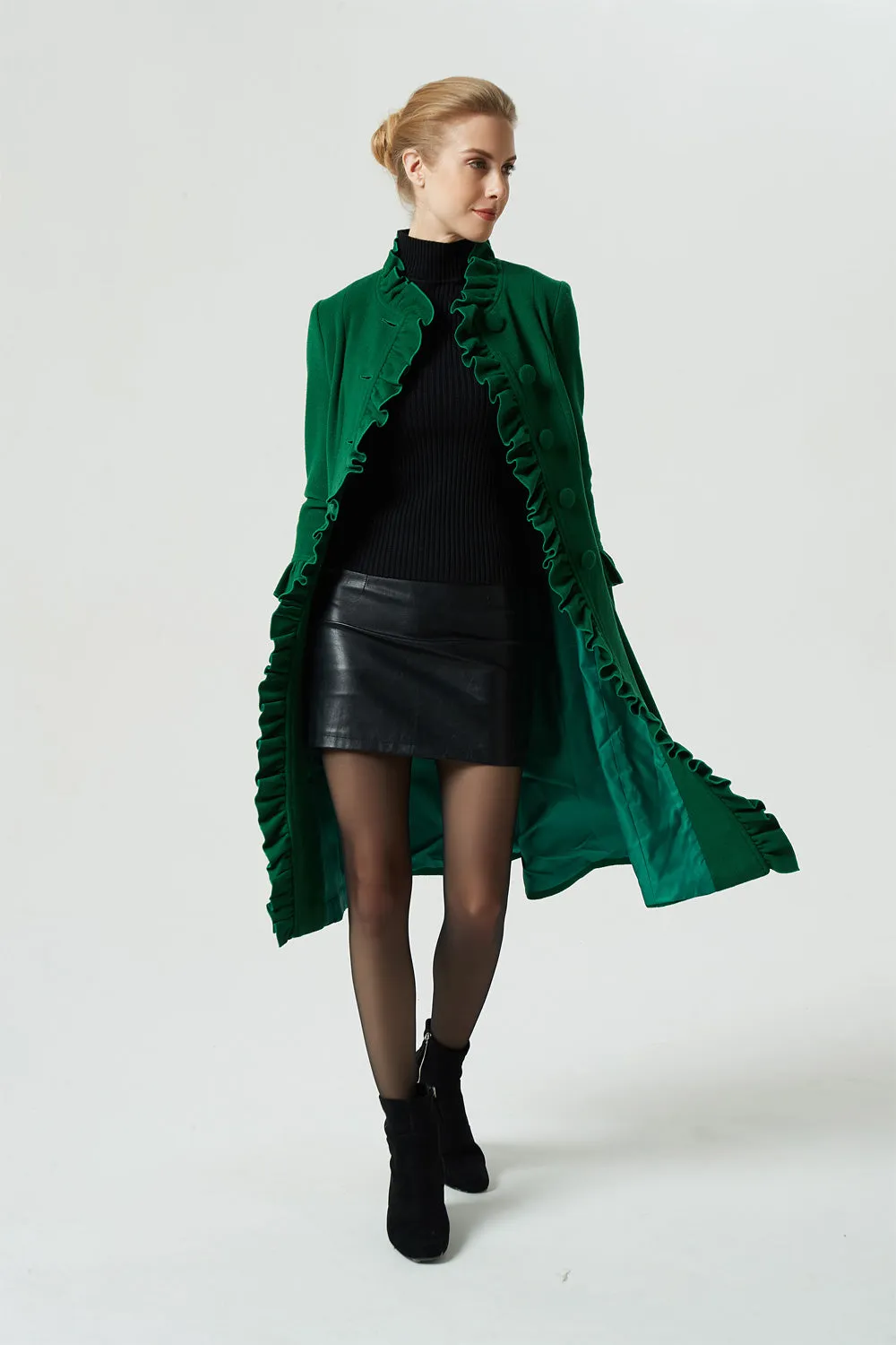 green midi wool coat with ruffle details 1950#