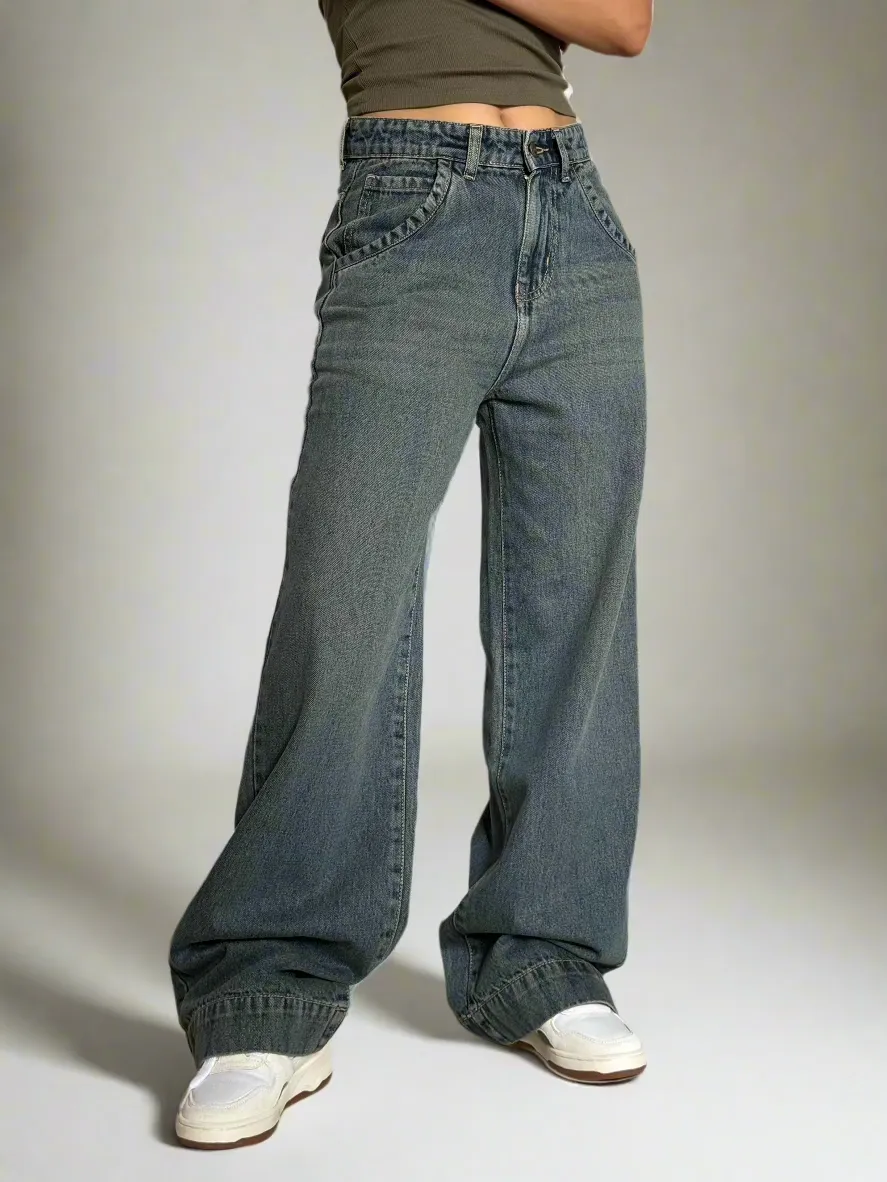 Grey Vintage Washed Wide Leg Baggy Jeans