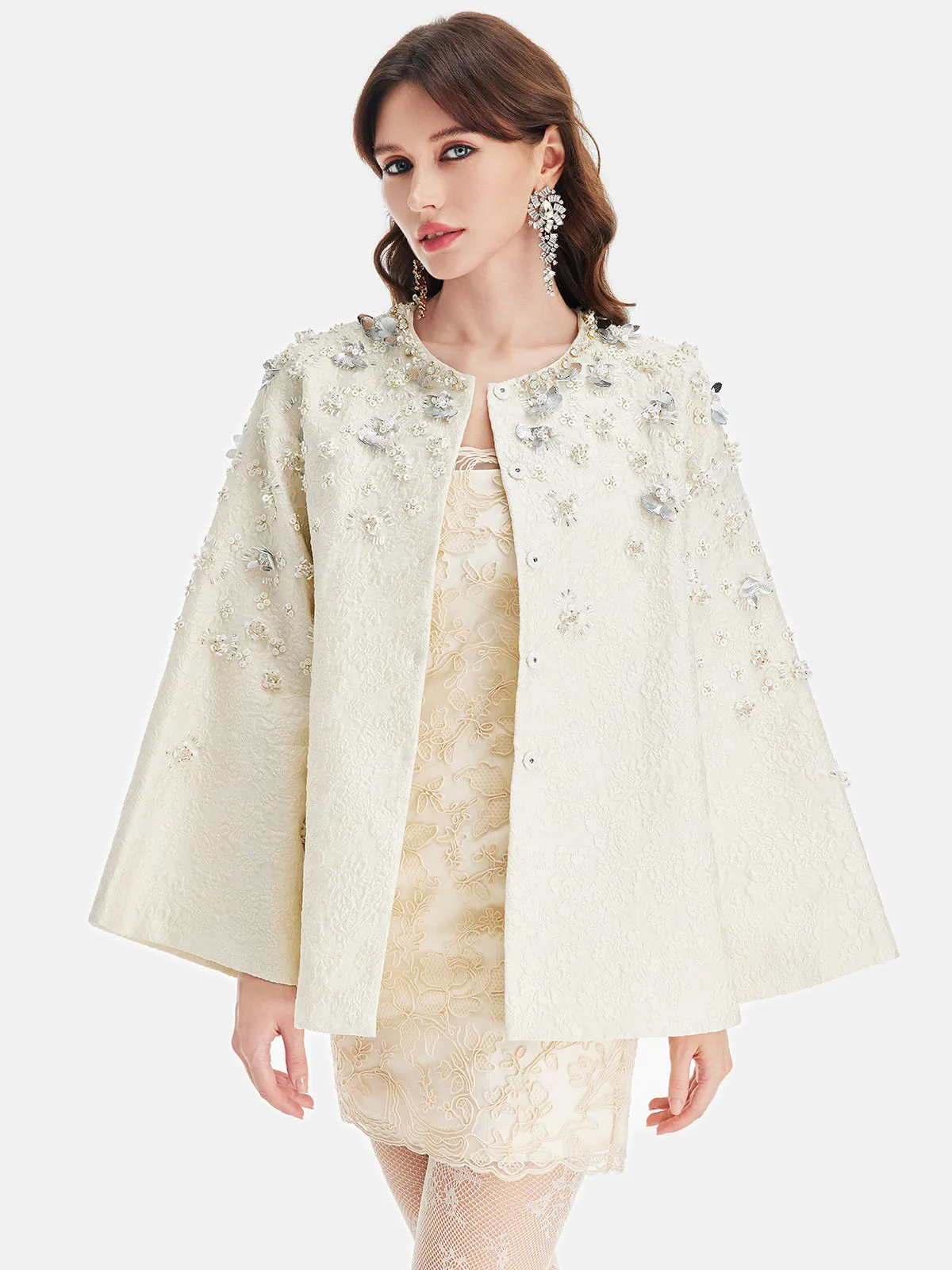 Hand-Beaded Silk Jacquard Cape