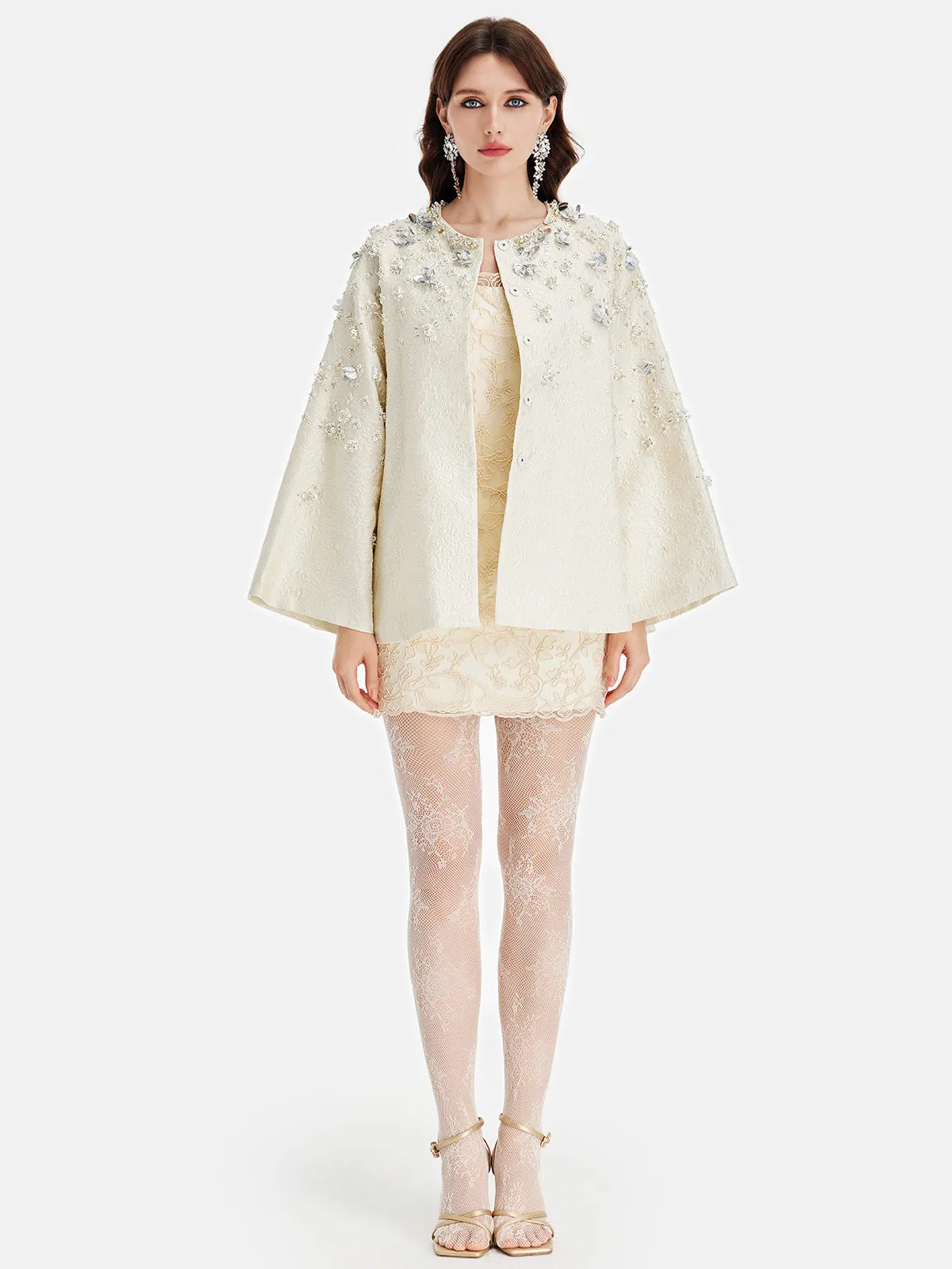 Hand-Beaded Silk Jacquard Cape