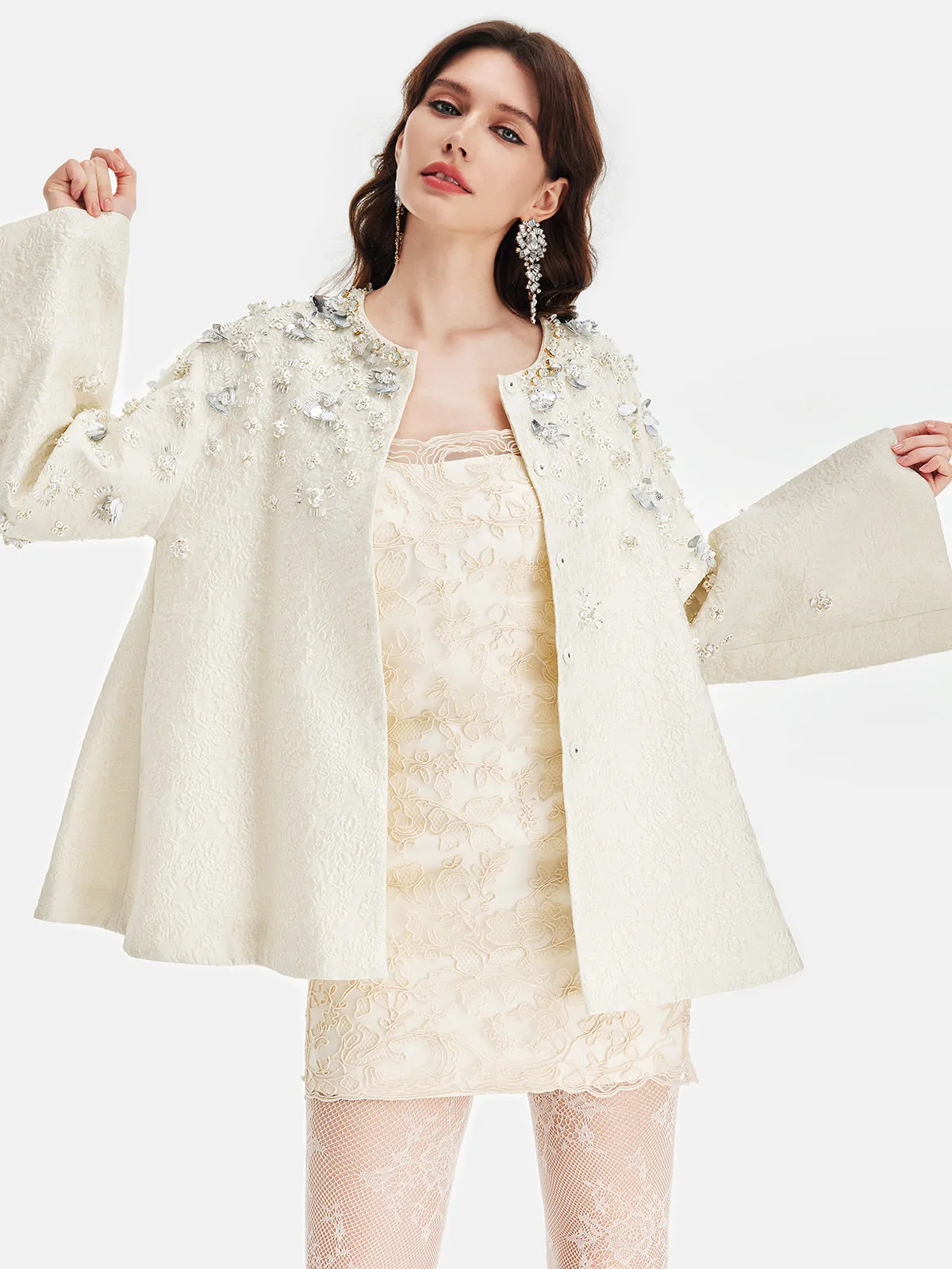 Hand-Beaded Silk Jacquard Cape