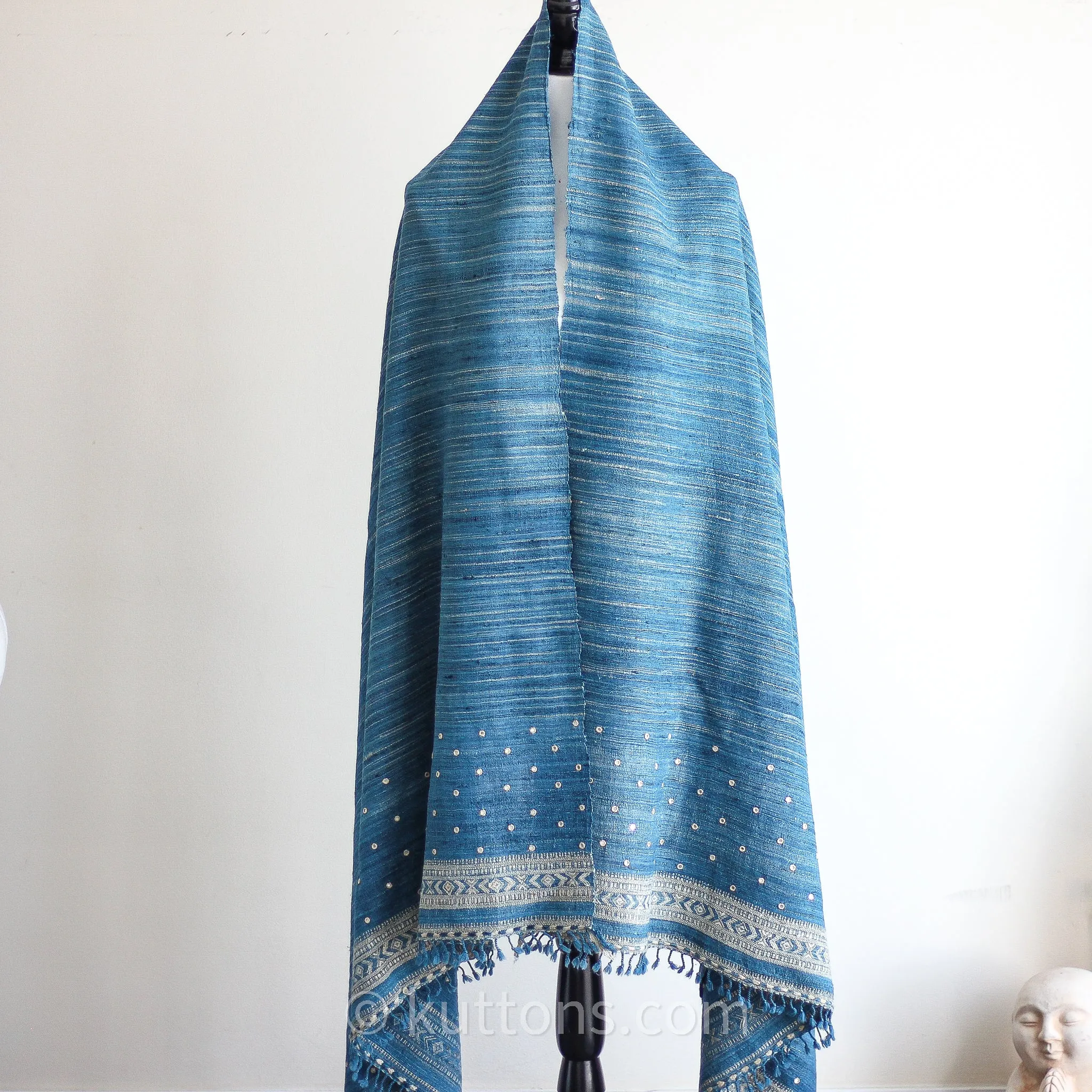 Handspun & Handwoven Tussar Silk, Merino Wool Shawl - With Mirror Embroidery | Blue, Golden Brown, 37x84"