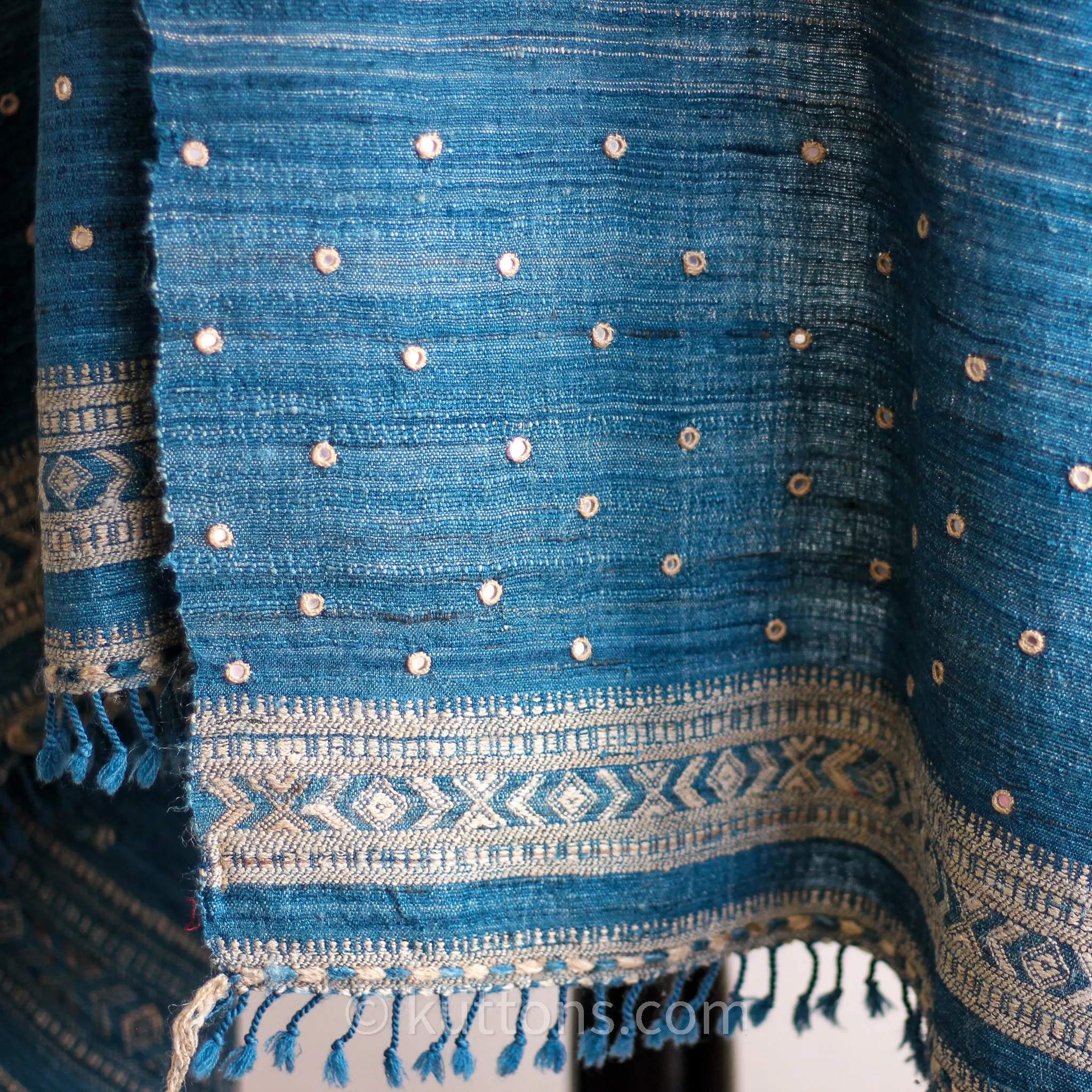 Handspun & Handwoven Tussar Silk, Merino Wool Shawl - With Mirror Embroidery | Blue, Golden Brown, 37x84"