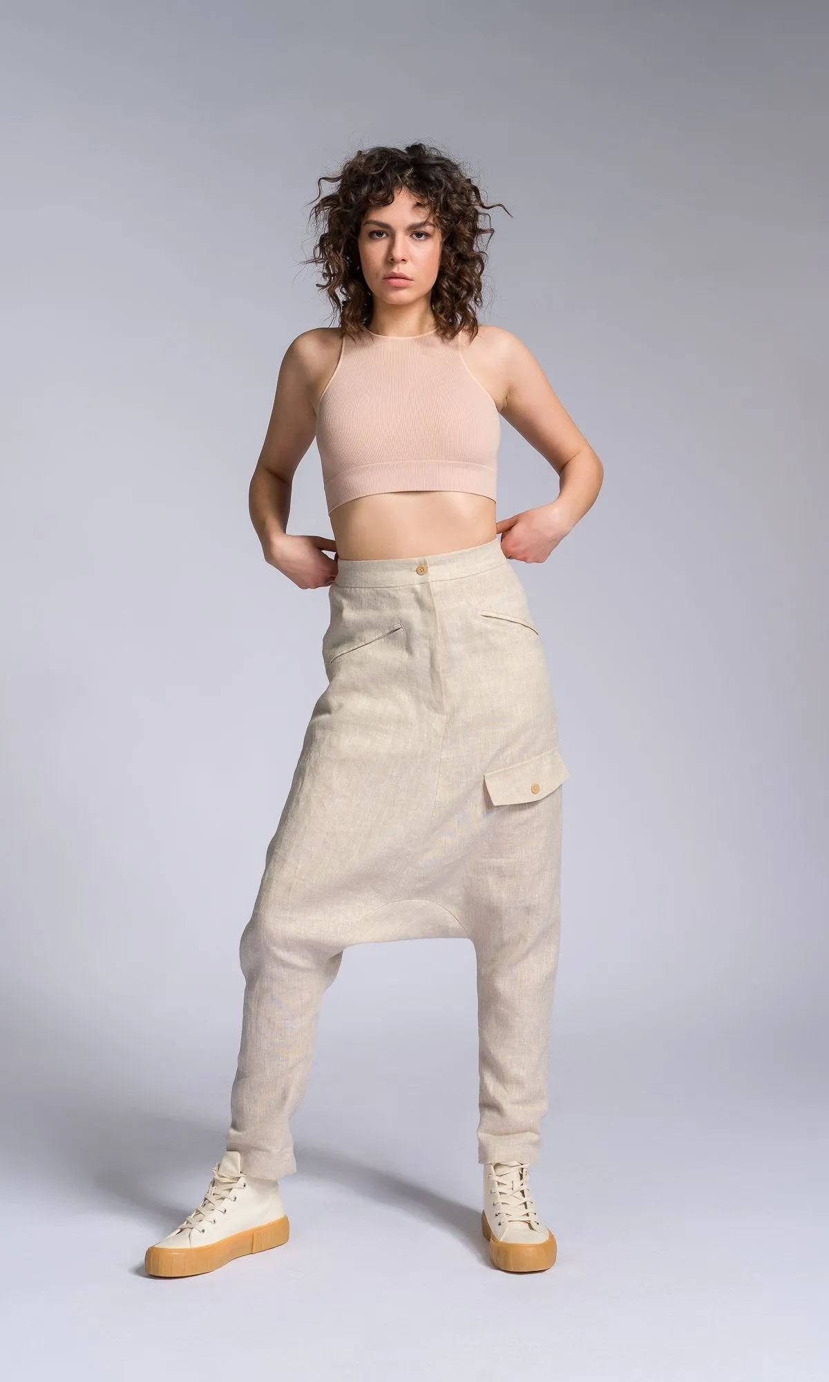 Linen Drop Crotch Pants with Decorative Flap Pocket