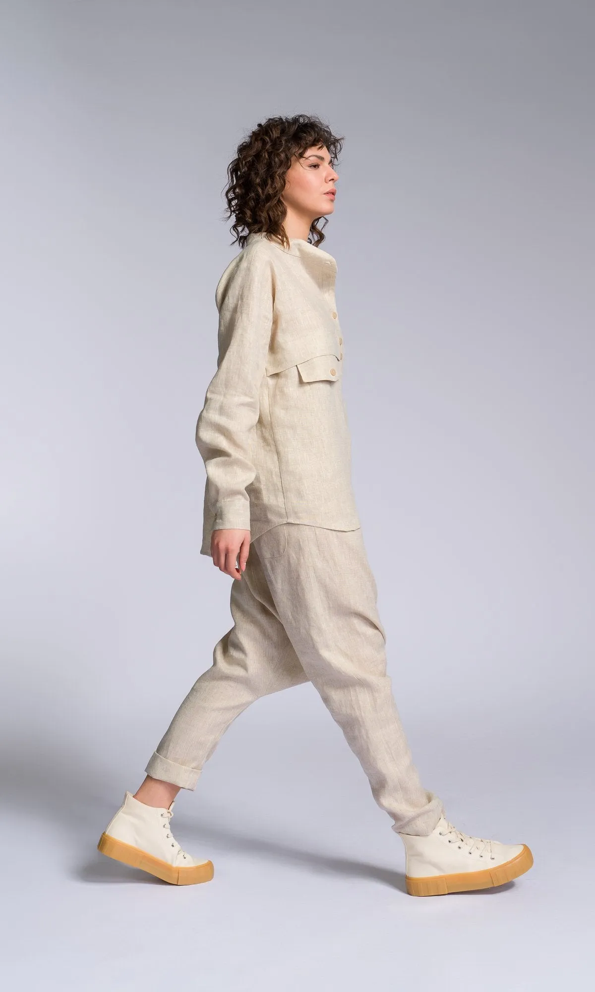 Linen Drop Crotch Pants with Decorative Flap Pocket