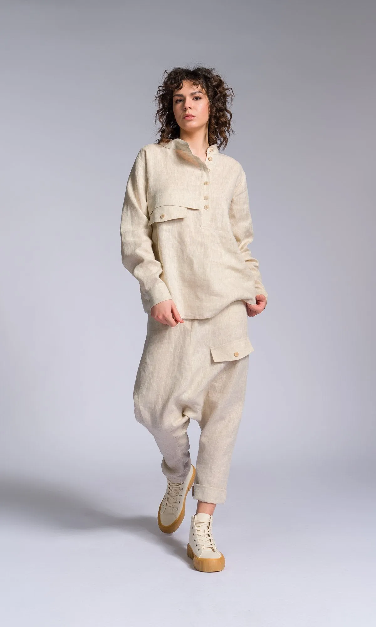 Linen Drop Crotch Pants with Decorative Flap Pocket