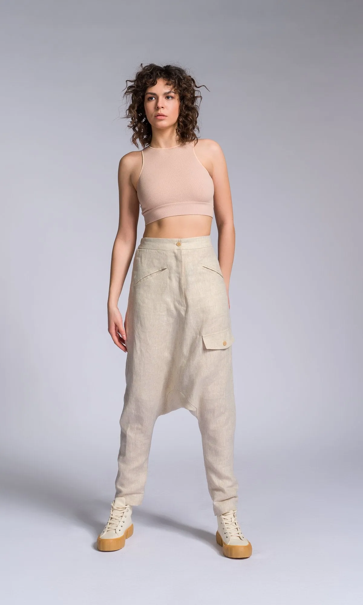 Linen Drop Crotch Pants with Decorative Flap Pocket