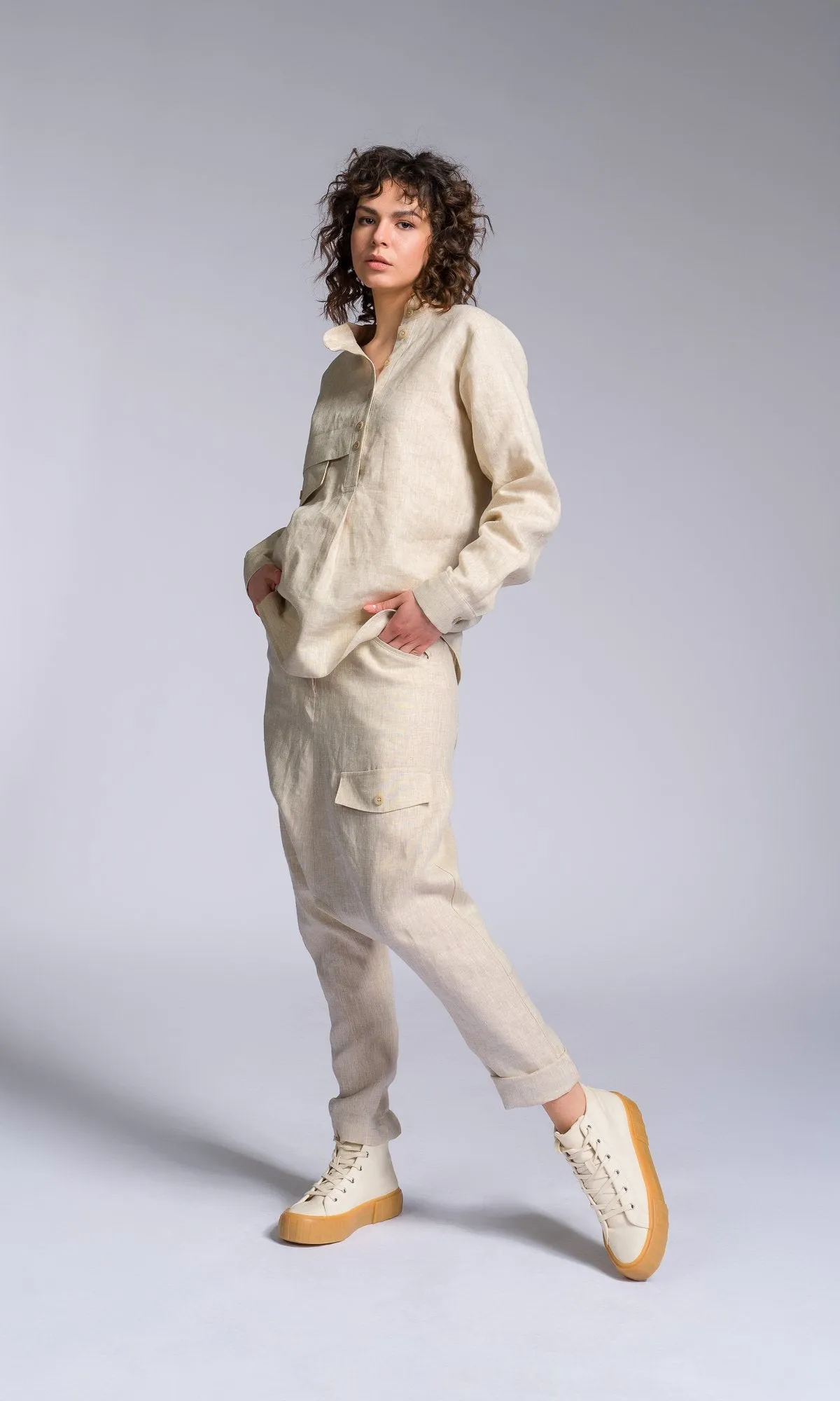 Linen Drop Crotch Pants with Decorative Flap Pocket