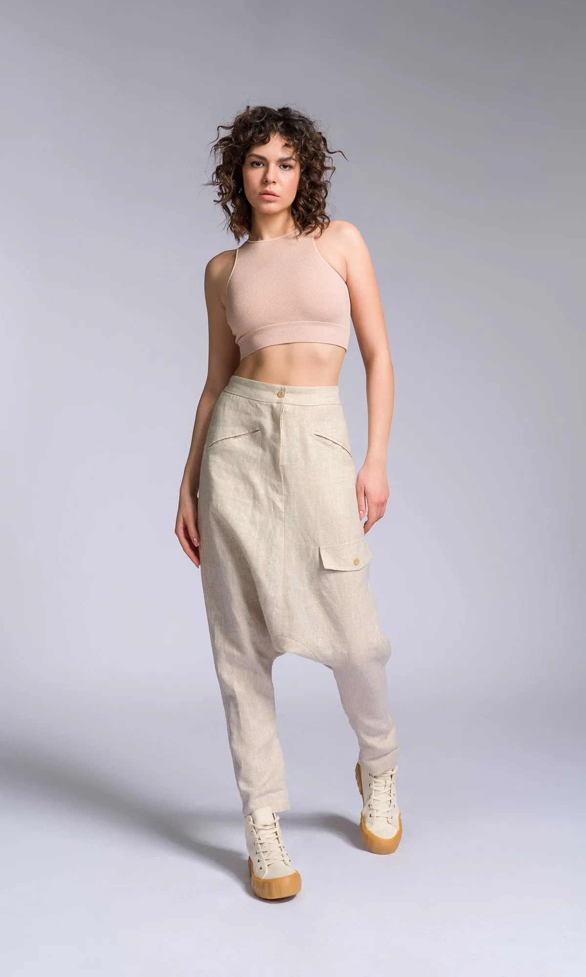 Linen Drop Crotch Pants with Decorative Flap Pocket