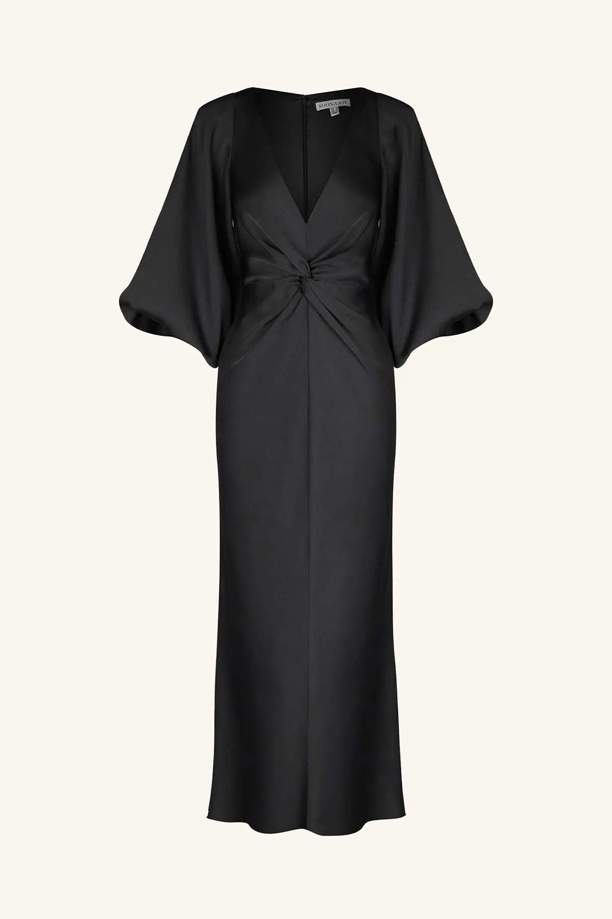 LUXE BALLOON SLEEVE KNOT FRONT MIDI DRESS - ONYX