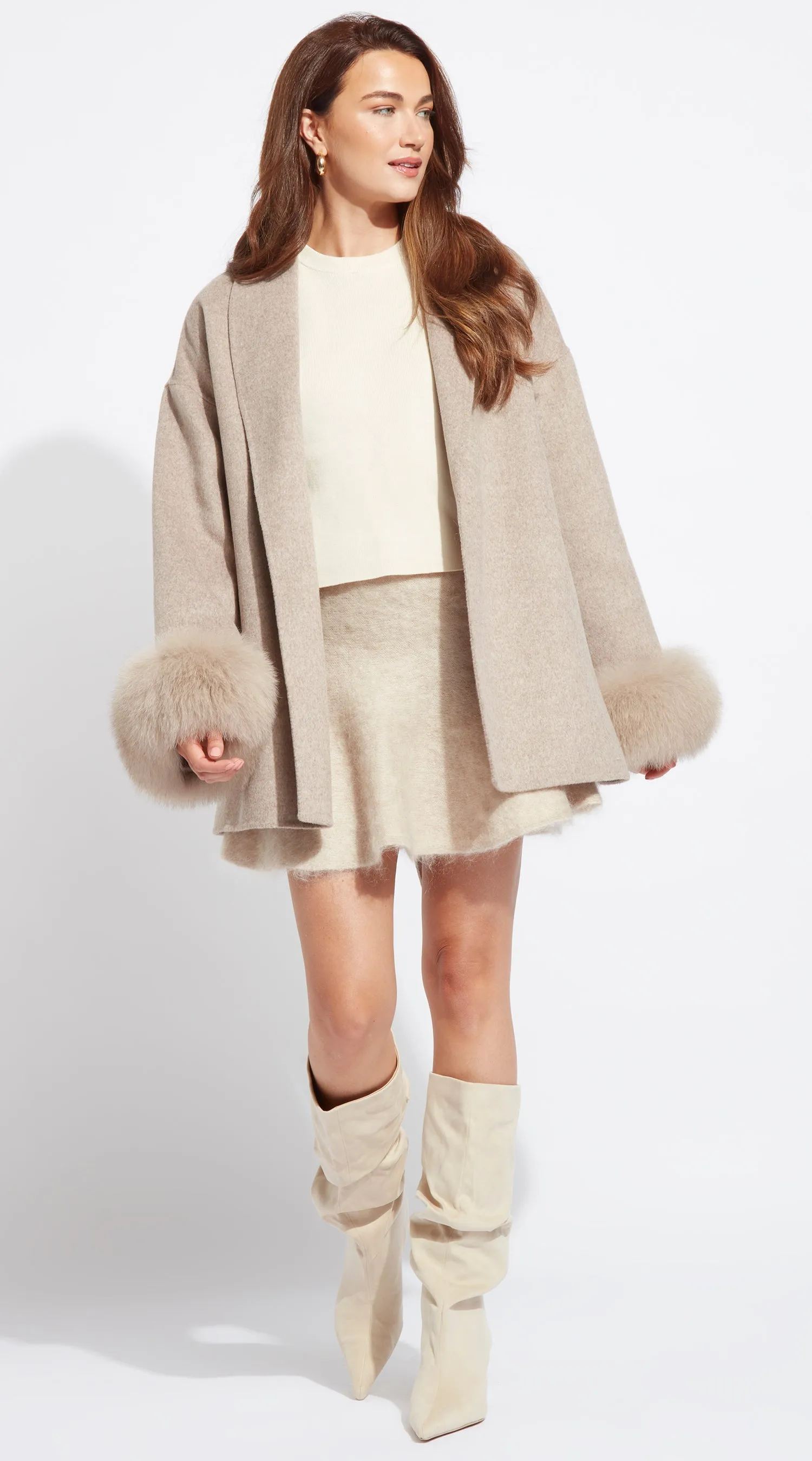 Luxy Cashmere & Fur Cuffed Belted Wrap Coat - Taupe