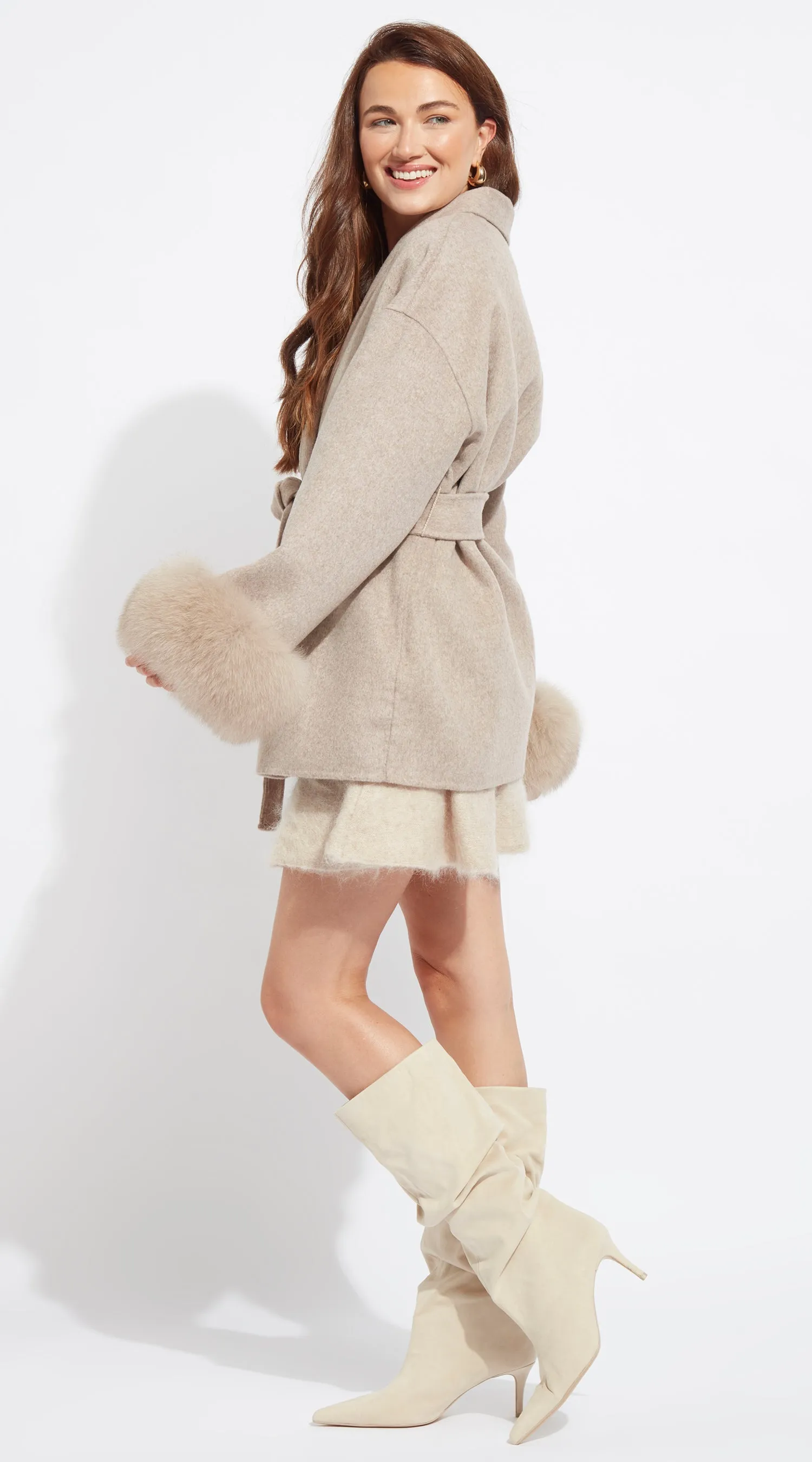 Luxy Cashmere & Fur Cuffed Belted Wrap Coat - Taupe