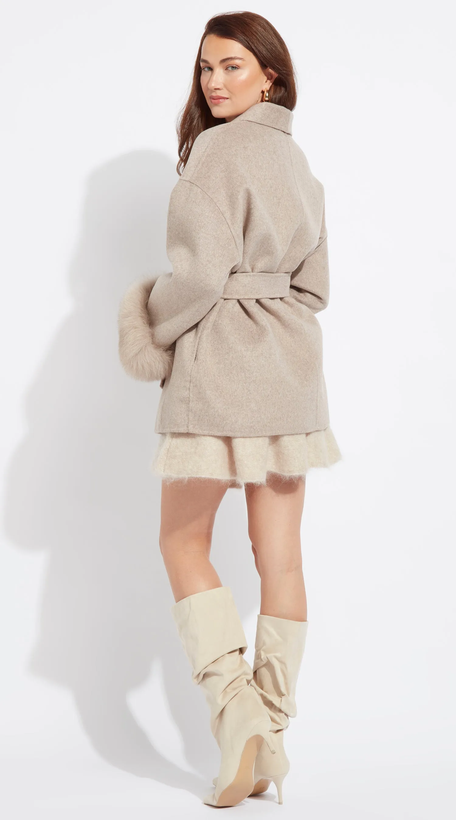 Luxy Cashmere & Fur Cuffed Belted Wrap Coat - Taupe