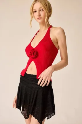 Madelyn Rosette Halter Rib Knit Top Red