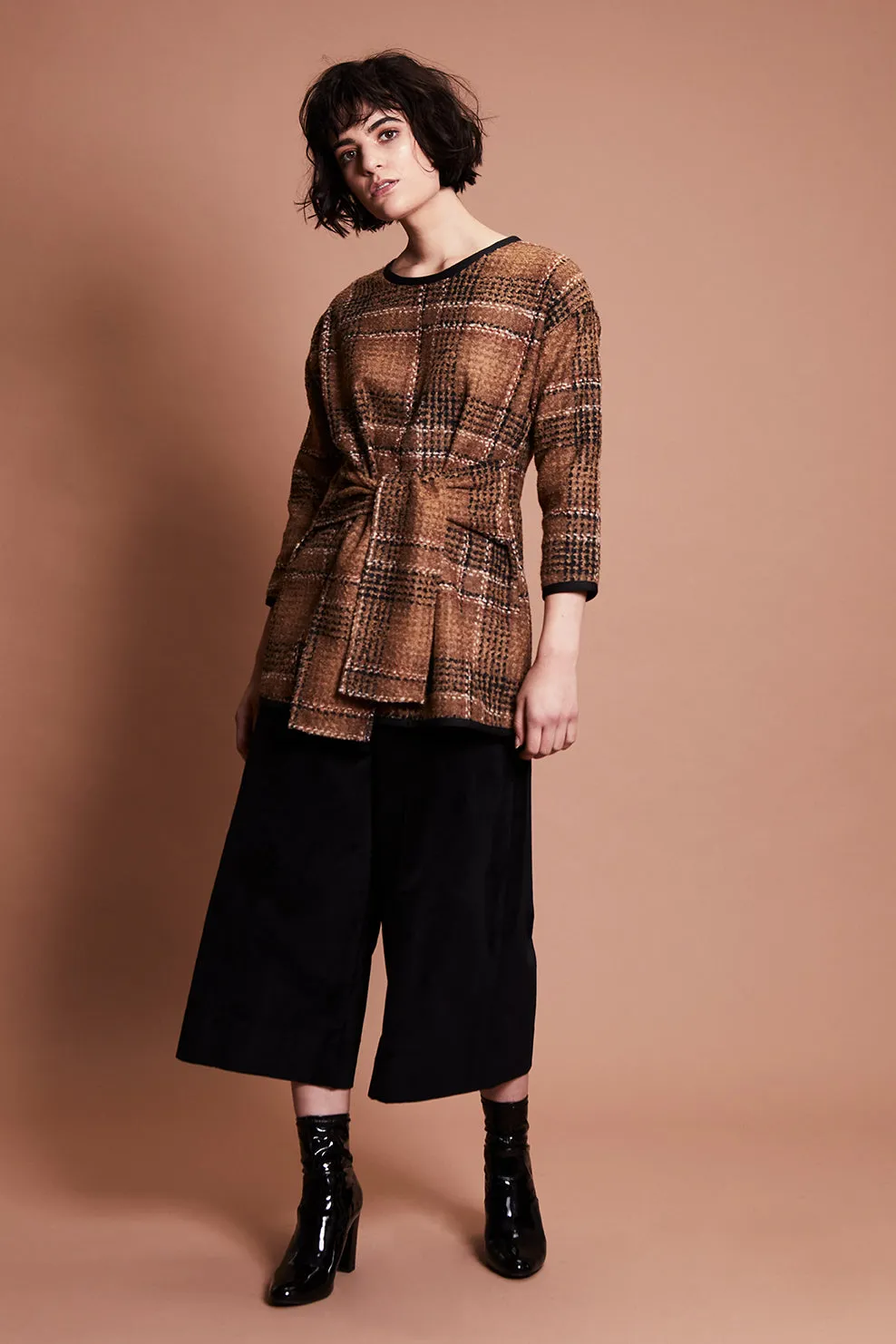 MASALA JUMPER [ Tan Brown Plaid Wool Blend, Waist Ties ]