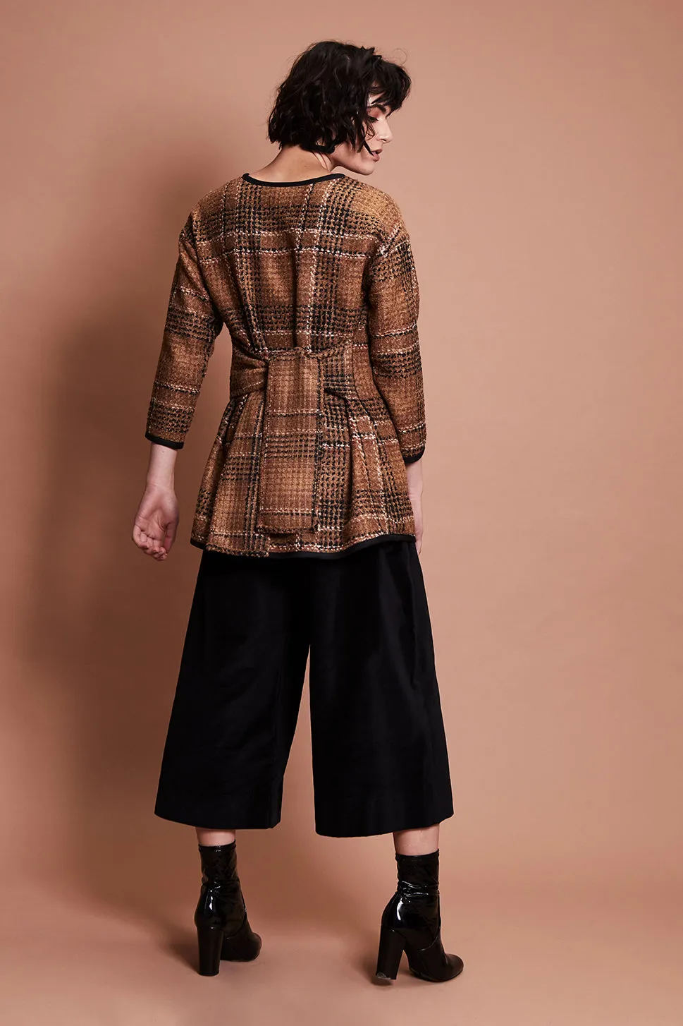 MASALA JUMPER [ Tan Brown Plaid Wool Blend, Waist Ties ]