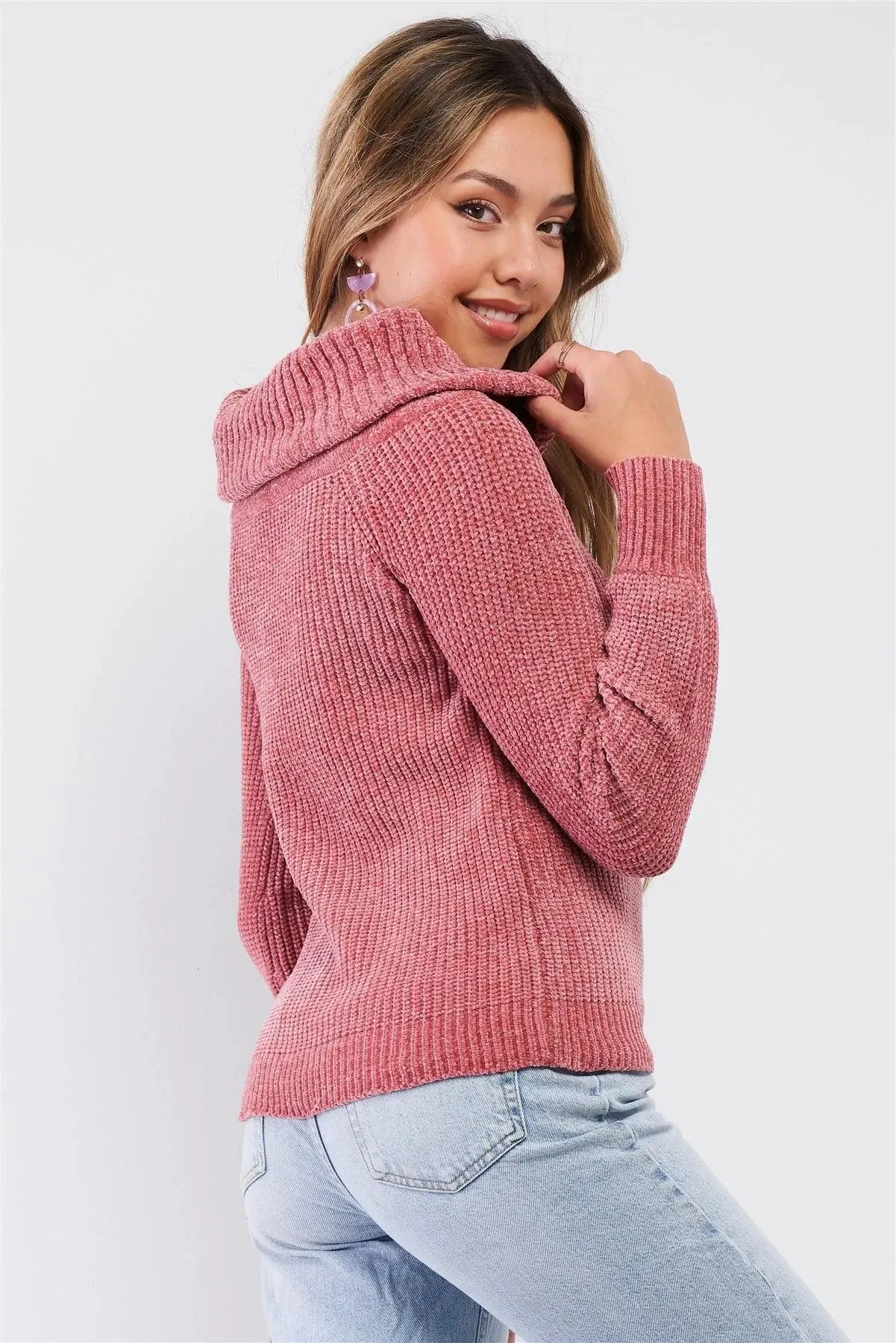 Mauve Ribbed Cowl Neckline Long Sleeve Cable Knit Sweater /3-2-1