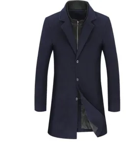 Mens  Navy Wool Blend Dual Collar Classic Mid Length Coat